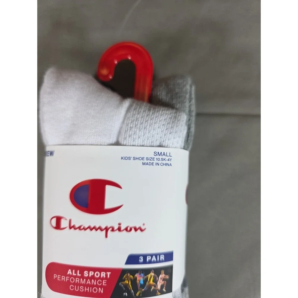 Champion Kids 3 Pair Crew Socks Sport Performance Cushion Small White Grey Black